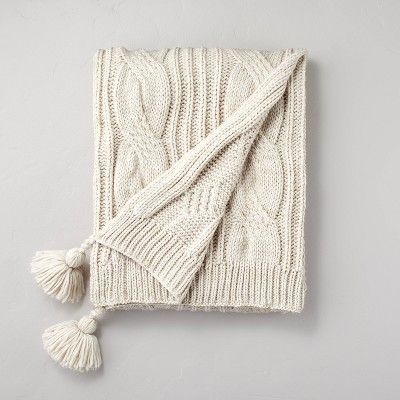 Chunky Cable Knit Tassels Throw Blanket Heathered Oatmeal - Hearth & Hand™ with Magnolia | Target