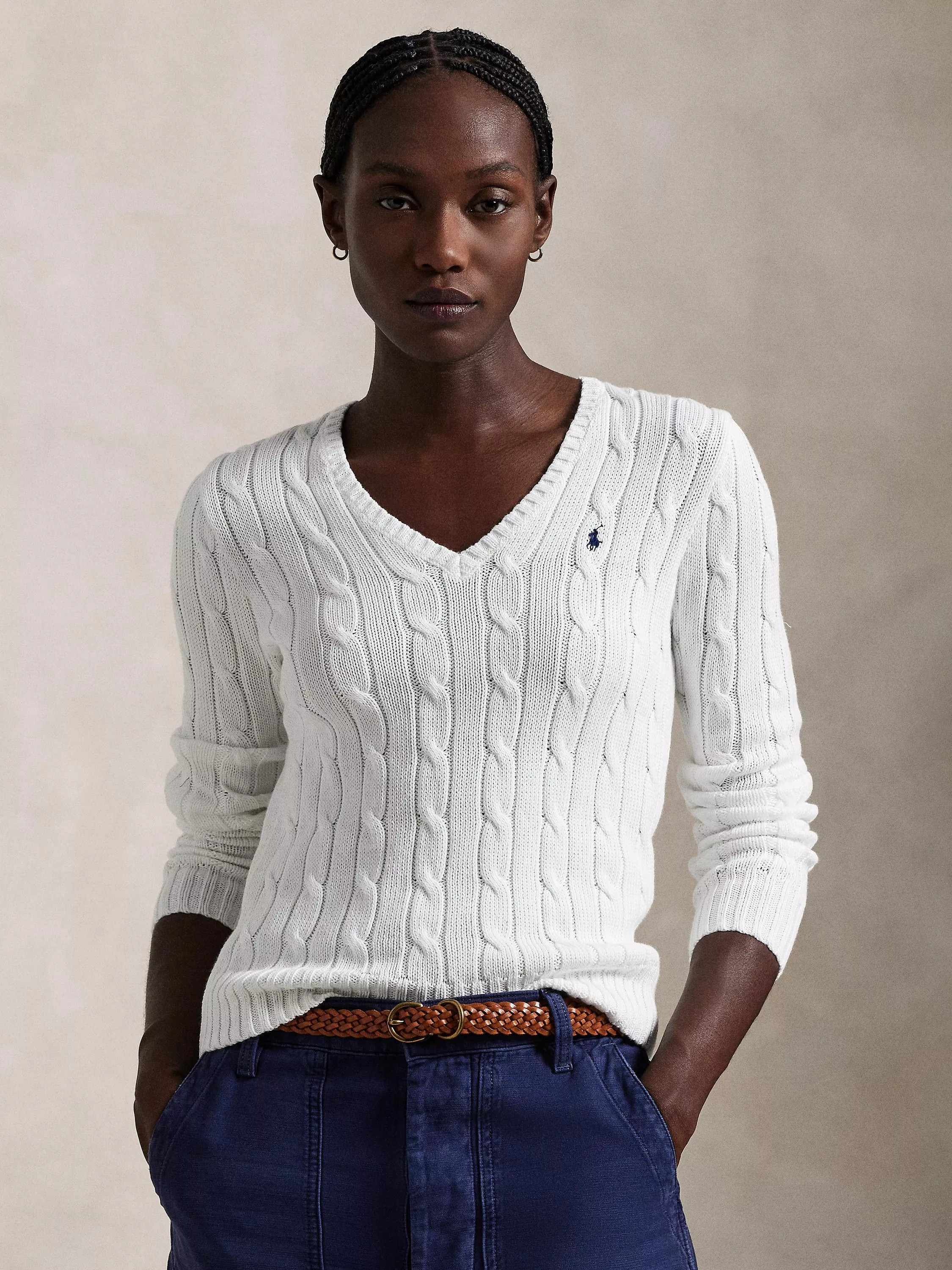 Polo Ralph Laure Kimberly V-Neck Cable Knit Jumper, White | John Lewis (UK)