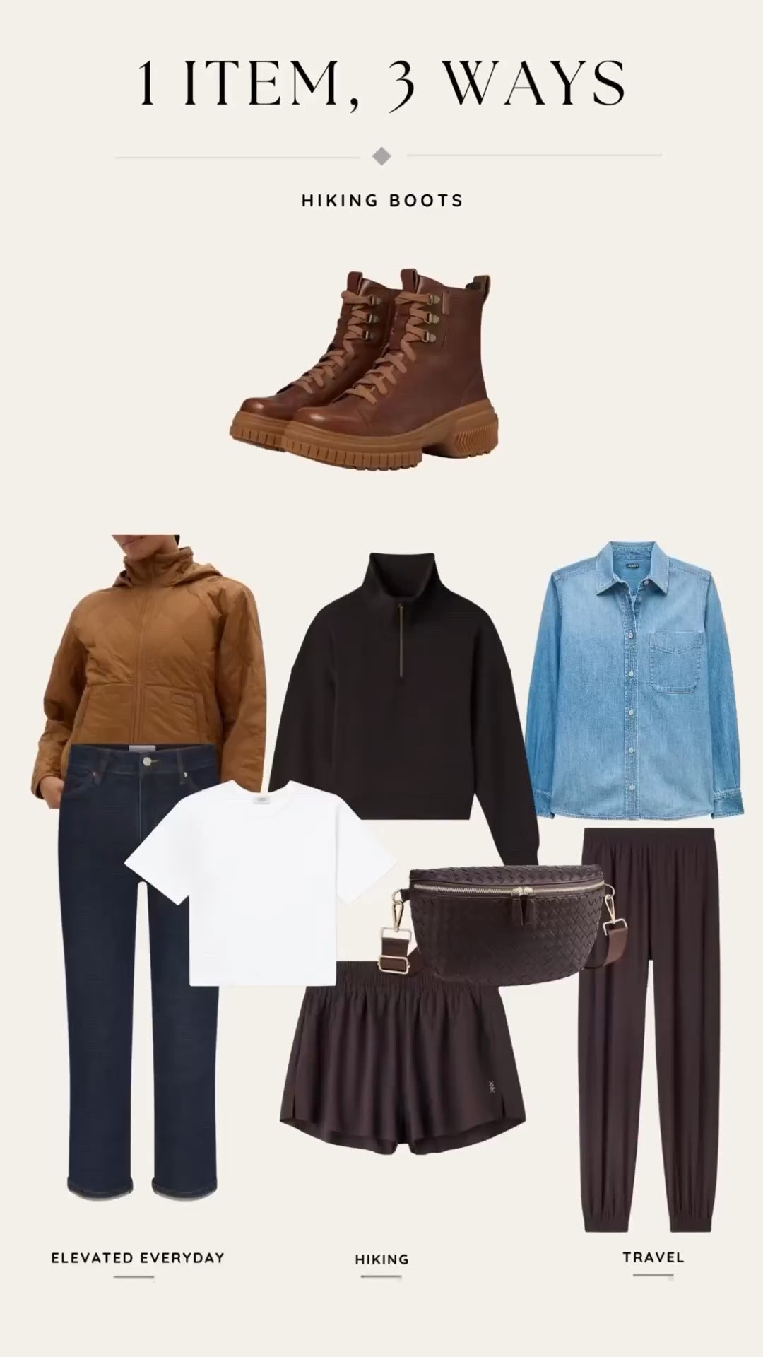 1 Item, 3 Ways | Hiking Boots 🤎

Hiking boots, but make them part of the wardrobe.

I’m taking these with me to Arizona, so I wanted more than one way to wear them. The goal was to build outfits that work beyond the trail:

🤎 Elevated Everyday: dark denim, a crisp white tee + lightweight jacket
🥾 Hiking: active shorts + a lightweight quarter zip
✈️ Travel: joggers + a denim shirt for an easy layered look

This is exactly how I want my Signature Wardrobe to work. Even the practical pieces should mix easily with what I already own and earn their space in my suitcase.

One pair of boots. Three very different outfits. Which would you wear?

#LTKootd #LTKPetite #LTKTravel