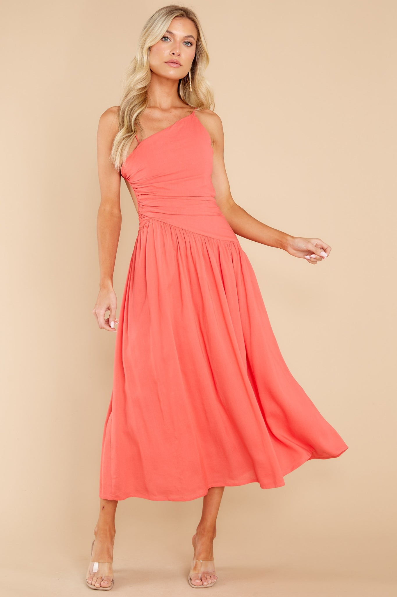 Striking Beauty Baked Coral Midi Dress | Red Dress 