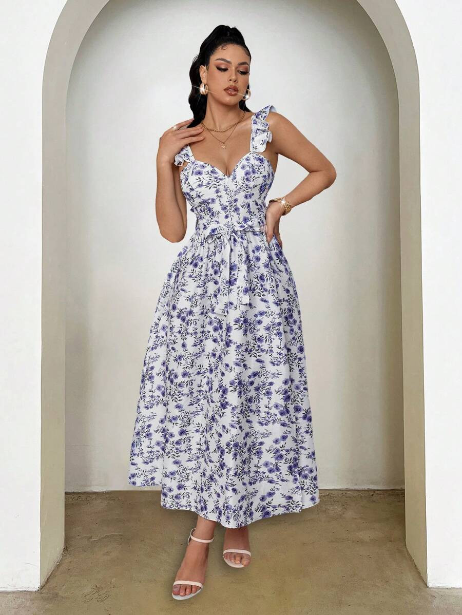 SHEIN Unity Elegant Floral Print Ruffle Hem Tied Waist Vacation Dress | SHEIN