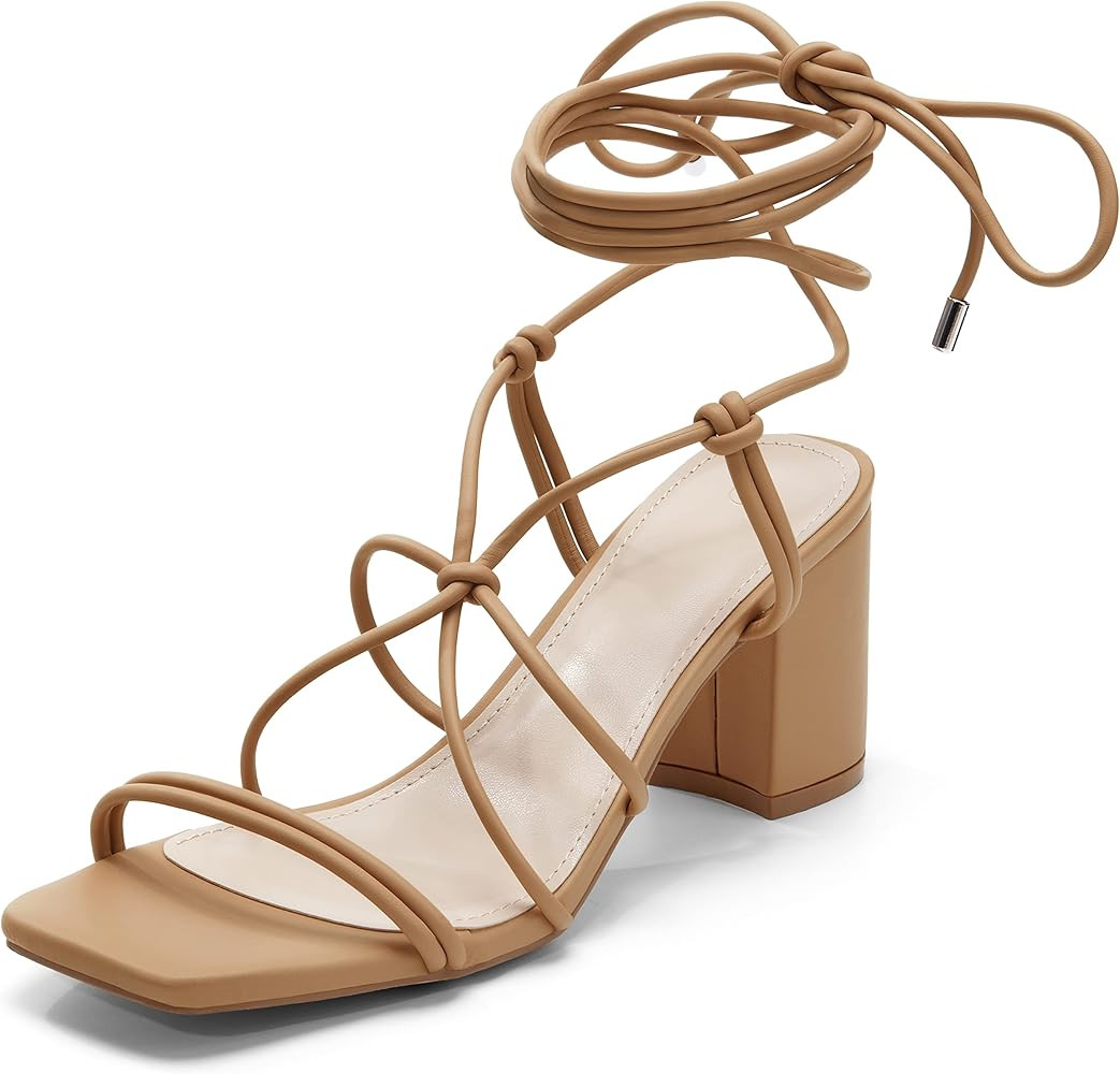 Coutgo Women's Lace Up Square Toe Strappy Heeled Sandals | Amazon (US)