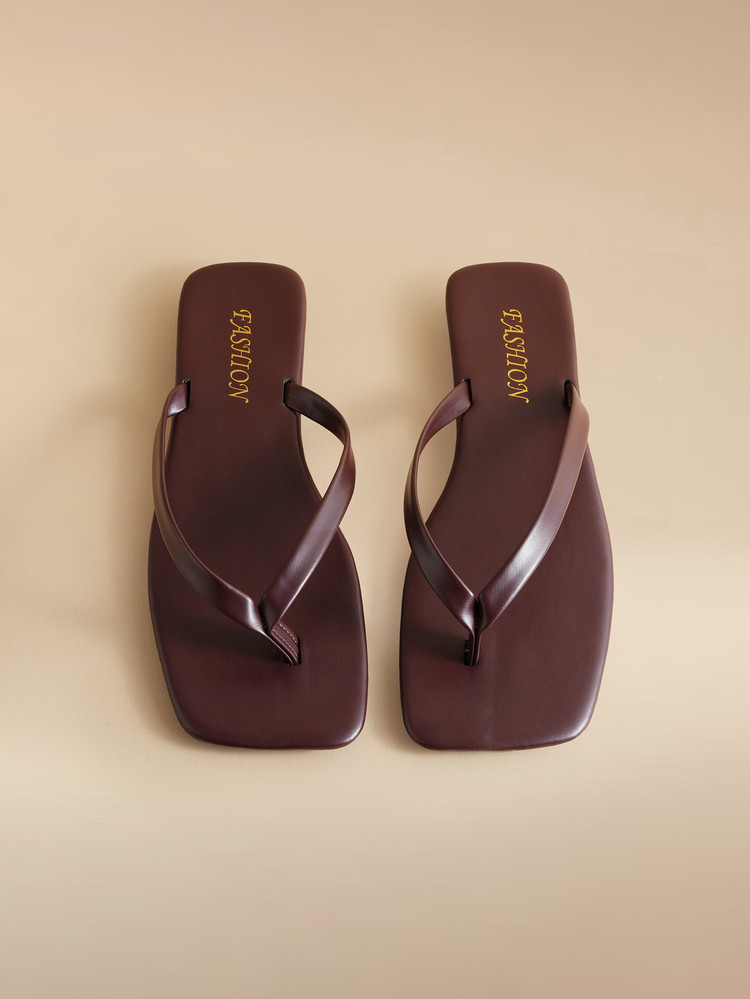 New Spring/Summer Women's Chocolate Brown Thong Sandals, Square Toe Flat Slip-On, Fashionable Casual Slippers Wedding Wedding | SHEIN