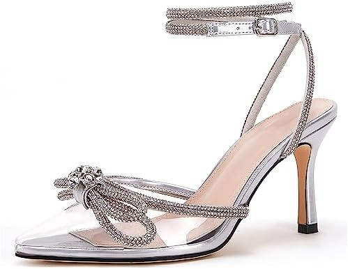 VETASTE Women's Double Bow Pointed Toe Ankle Strap Crystal Pumps Wedding Bridal Party Stilettos B... | Amazon (US)