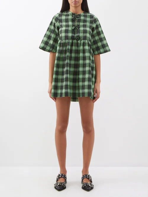 Ganni - Checked Organic Cotton-blend Seersucker Mini Dress - Womens - Green Multi | Matches (UK)