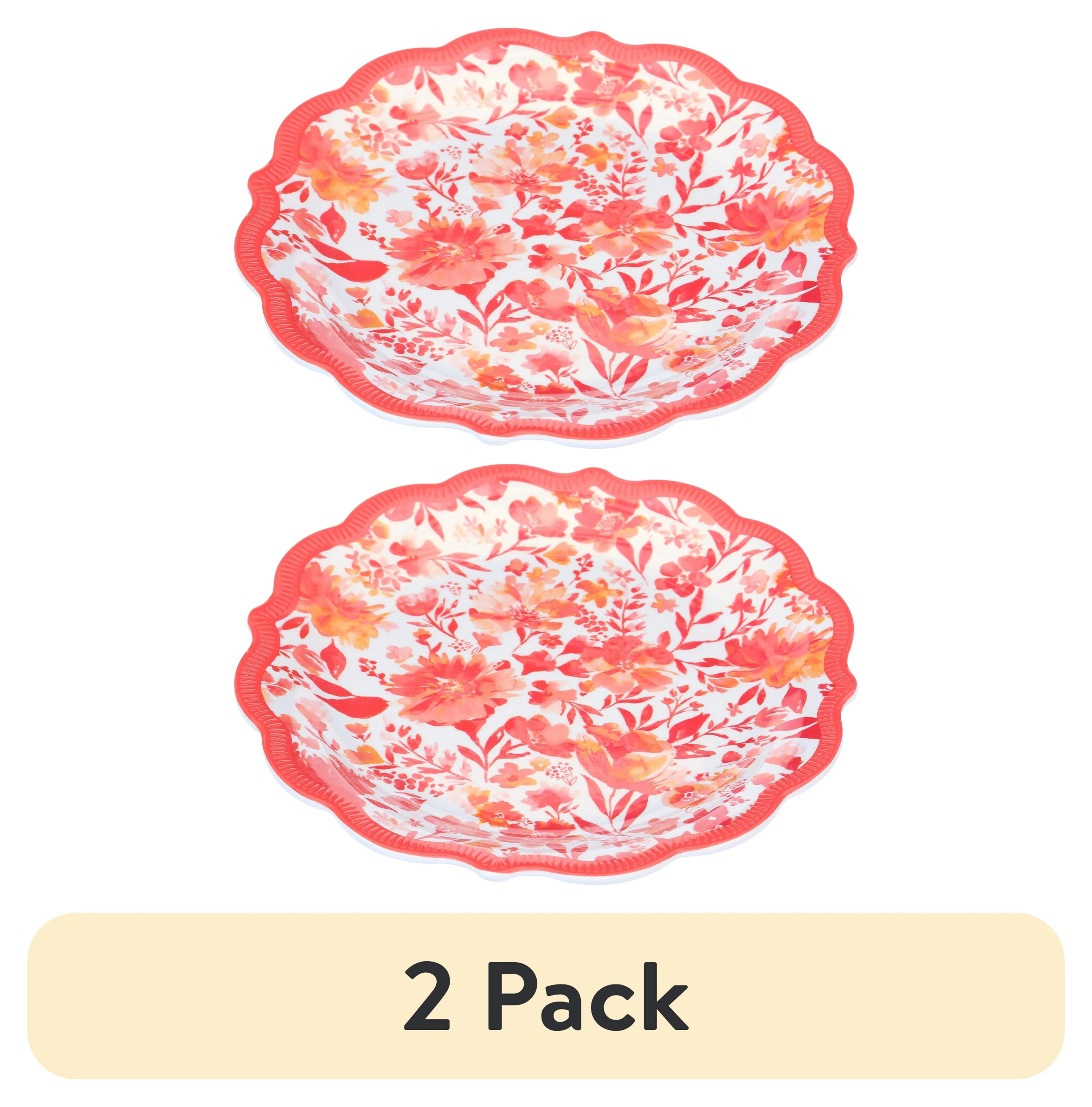 (2 pack) The Pioneer Woman Floral Melamine Salad Plate, Coral, Scalloped Edges, Dishwasher Safe | Walmart (US)