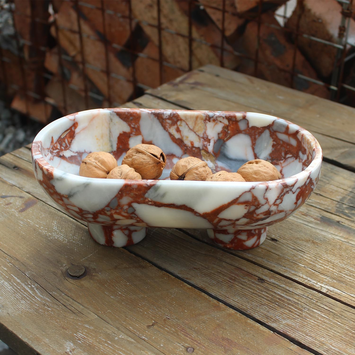 Natural Oval Calacatta Red Marble Fruit Bowl for Kitchen Counter 10", Large Decorative Bowl Two-Legs for Home Decor, Fruits Holder For Dining Table - Kitchen Organization | Amazon (US)