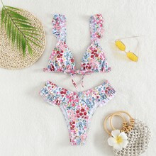 Ditsy Floral Bikini Set Frill Trim Tie Front Triangle Bra High Cut Bottom Piece Bathing Suit | SHEIN