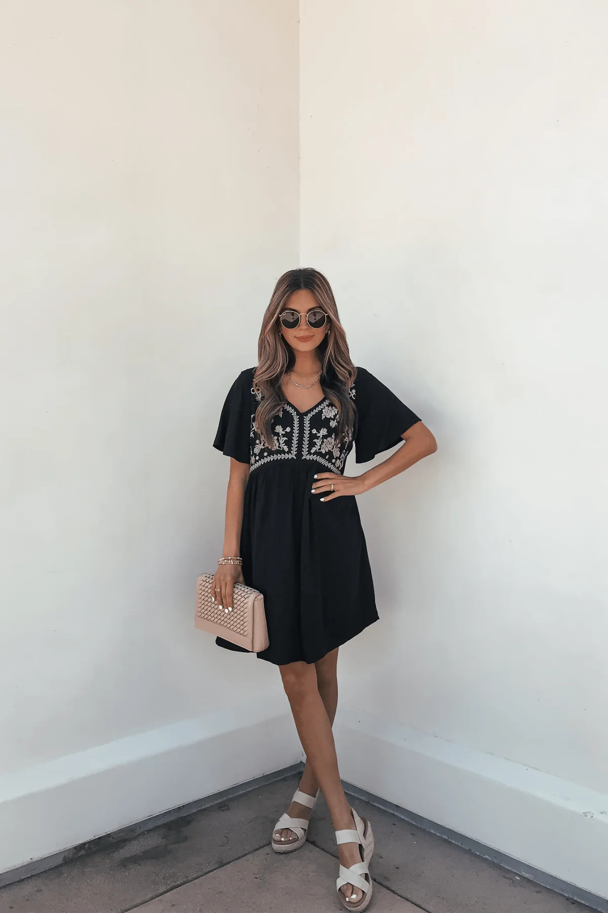 Seaside Taupe Embroidered Black Mini Dress | Magnolia Boutique