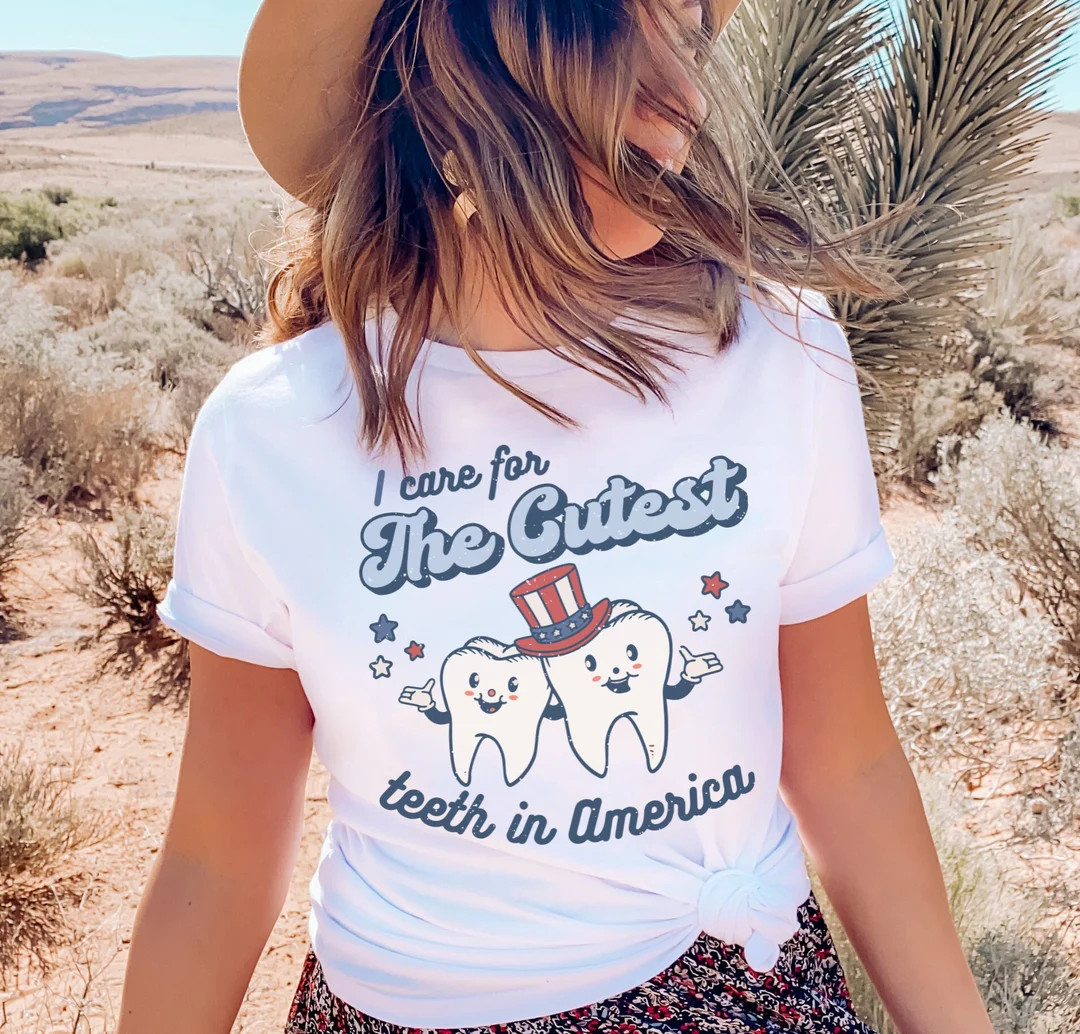 I Care For The Cutest Teeth In America Shirt, 4th Of July Retro Pediatric Dentist Tee, Stars & St... | Etsy (US)