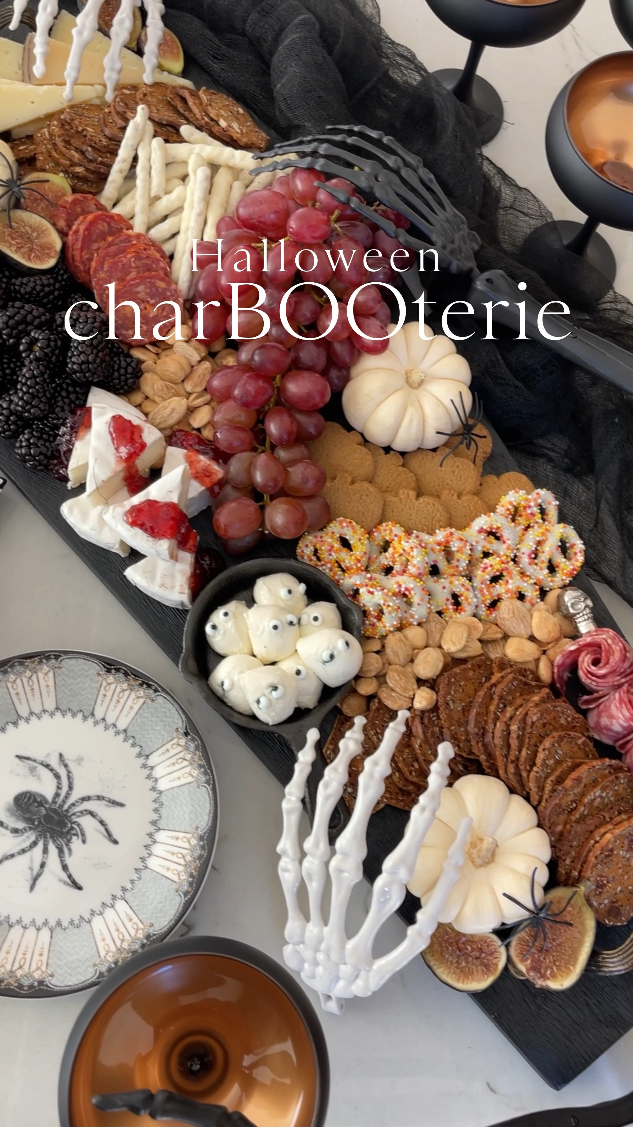 EATS \ Halloween charBOOterie board🖤👻💀🕷️🕸️ Muhahahaha! Hosting a party this October? Whip up a festive appetizer! Here’s how I put this one together🧙🏻‍♀️ Added some Halloweenie eats with ghost cheese balls, bloody cheese, pumpkin cookies and bone pretzels. Decorated it with skeleton hands, pumpkins and mini sliders🕷️

Party

#LTKParties #LTKHalloween #LTKVideo