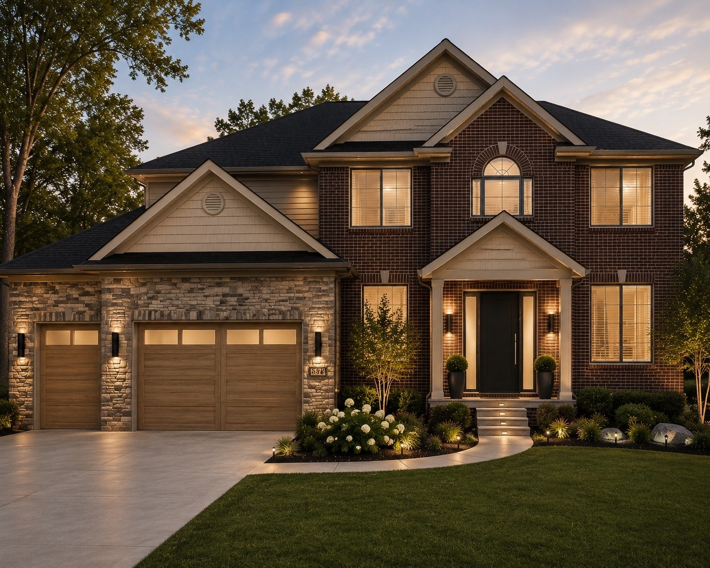 Curb appeal with lighting and porch planters.

#LTKHome #LTKstorytime #LTKOver40