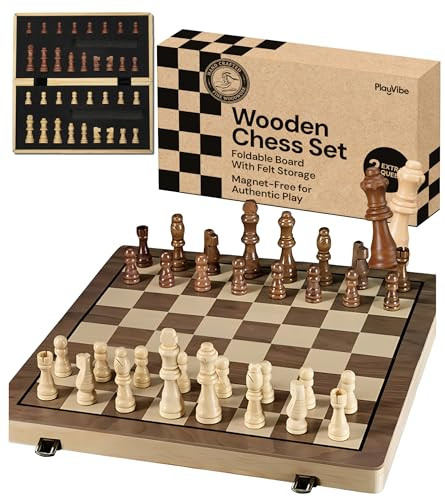 PlayVibe Wooden Chess Set 15'' Board Games for All Players with 2 Extra Queens - Handmade Classic Wooden Chess Board Set, Portable & Folding Playtime Boards, for Adults & Kids | Amazon (US)