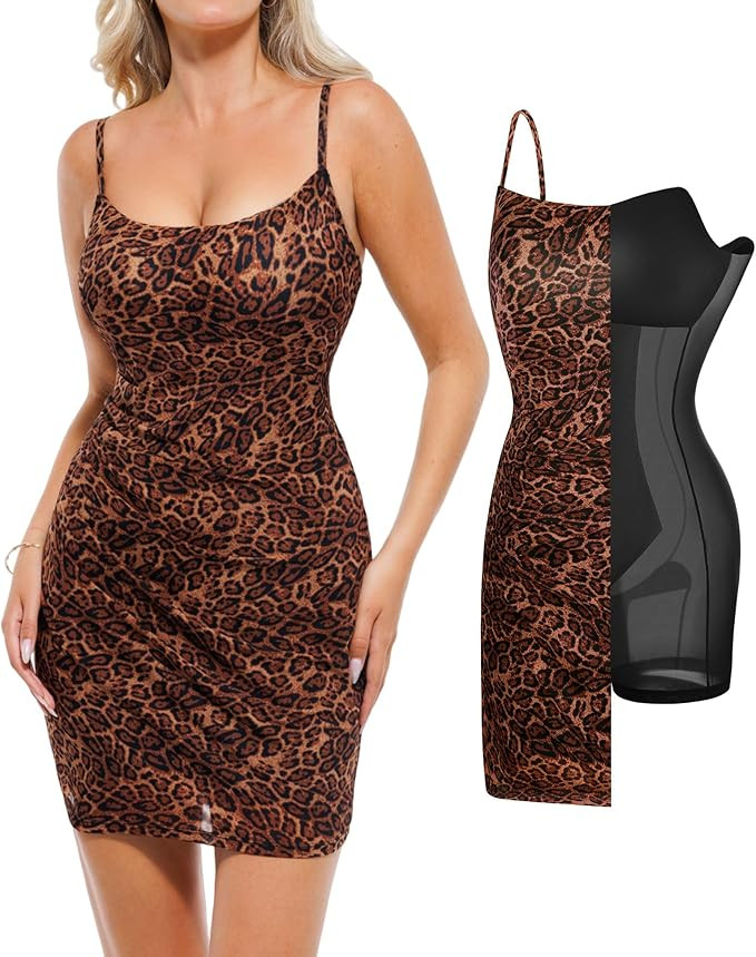 Popilush Leopard Print Dress with Built in Shapewear Spaghetti Strap Mini Dresses Mesh Ruched Bod... | Amazon (US)