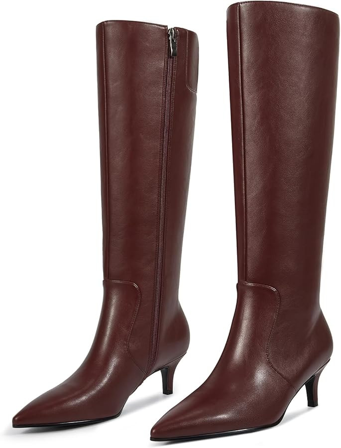 wetkiss Low Heel Knee High Boots for Women Regular Calf Friendly Side Zipper Almond Toe Faux Leat... | Amazon (US)