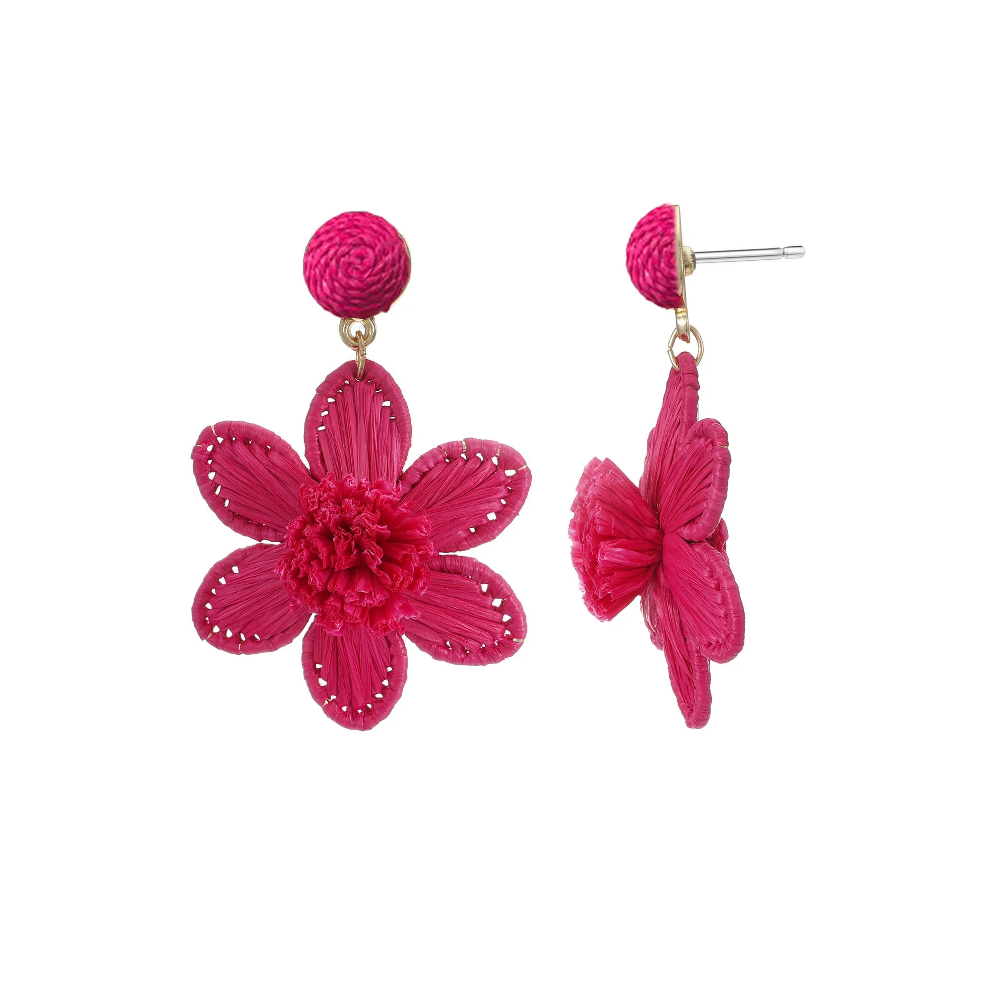 Time and Tru Women's Magenta Raffia Flower Earrings, 1 Pair | Walmart (US)