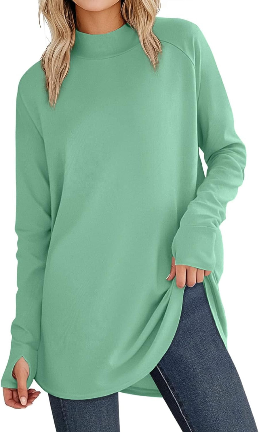 Tunic Tops for Women Casual Long Sleeve Turtle Neck Shirts Thumb Hole Curved Hem Tops Fall Fashion | Amazon (US)