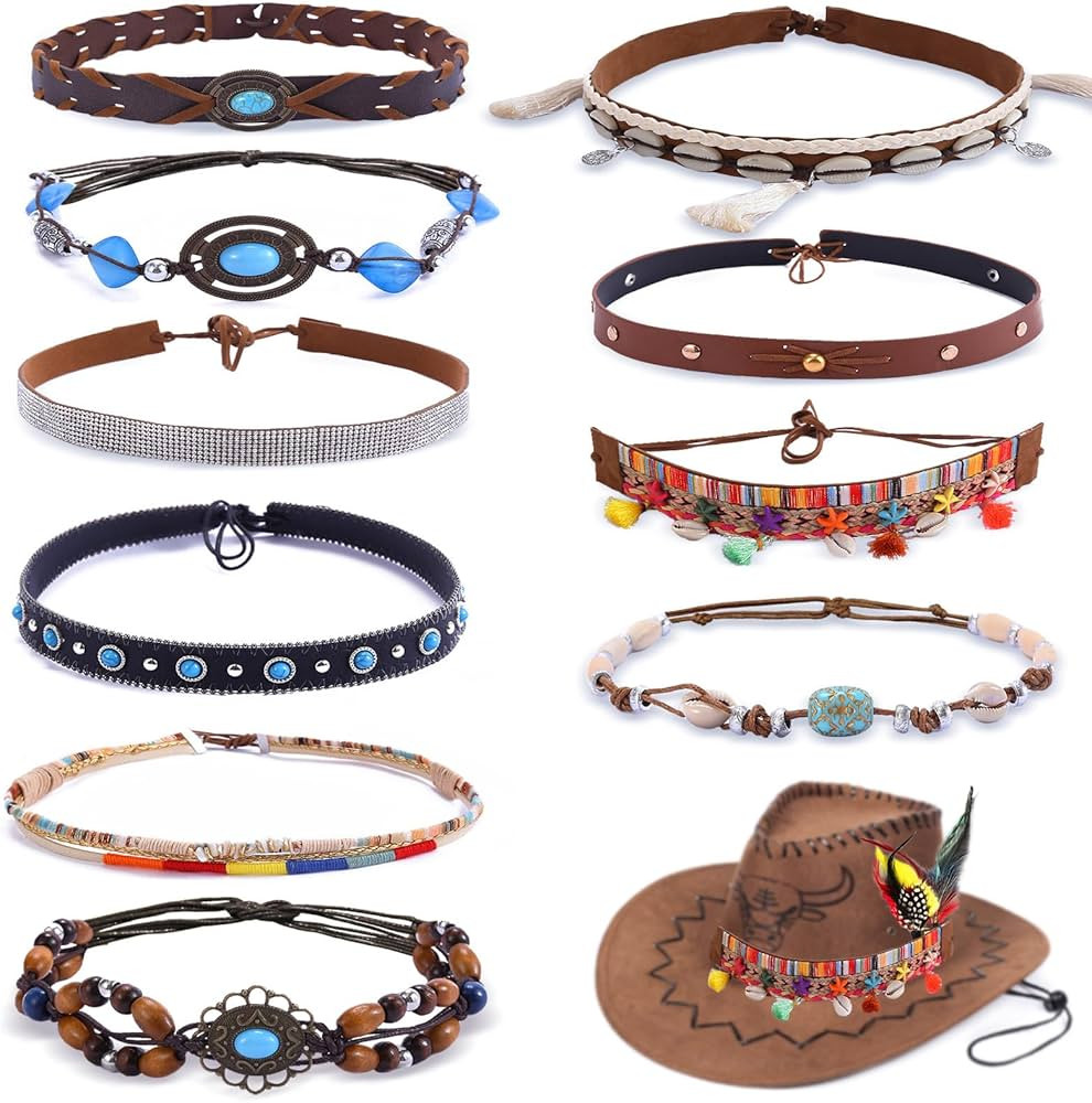 12 Pcs Cowboy Hat Bands Ethnic Western Hat Belts Rural Cowgirl Turquoise Hatbands Beaded Cowboy H... | Amazon (US)