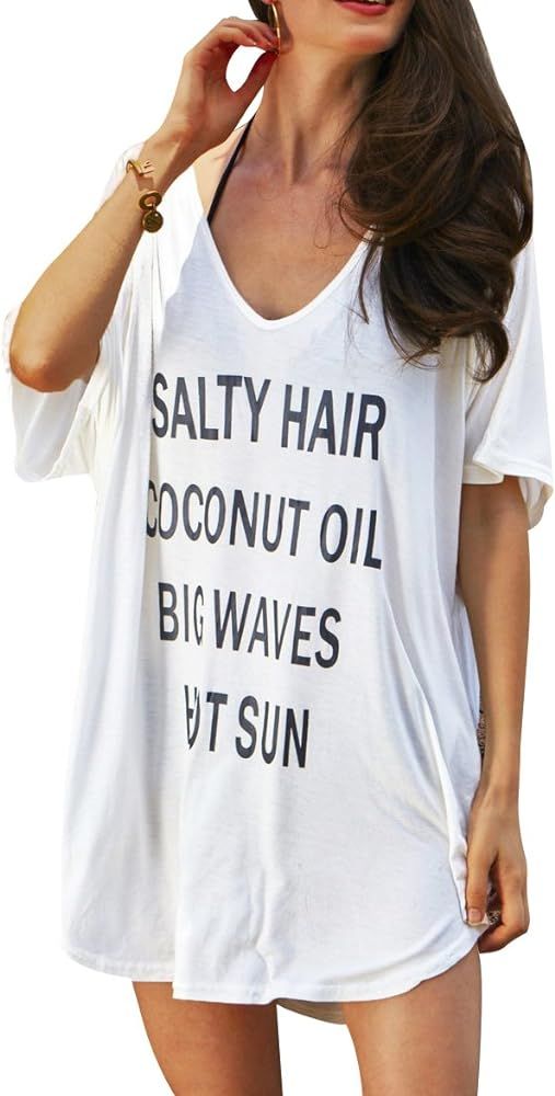 Swimsuit Cover Ups for Women Baggy V-Neck Swimwear Bathing Suit Coverups T-Shirt Dress Beach Summ... | Amazon (US)