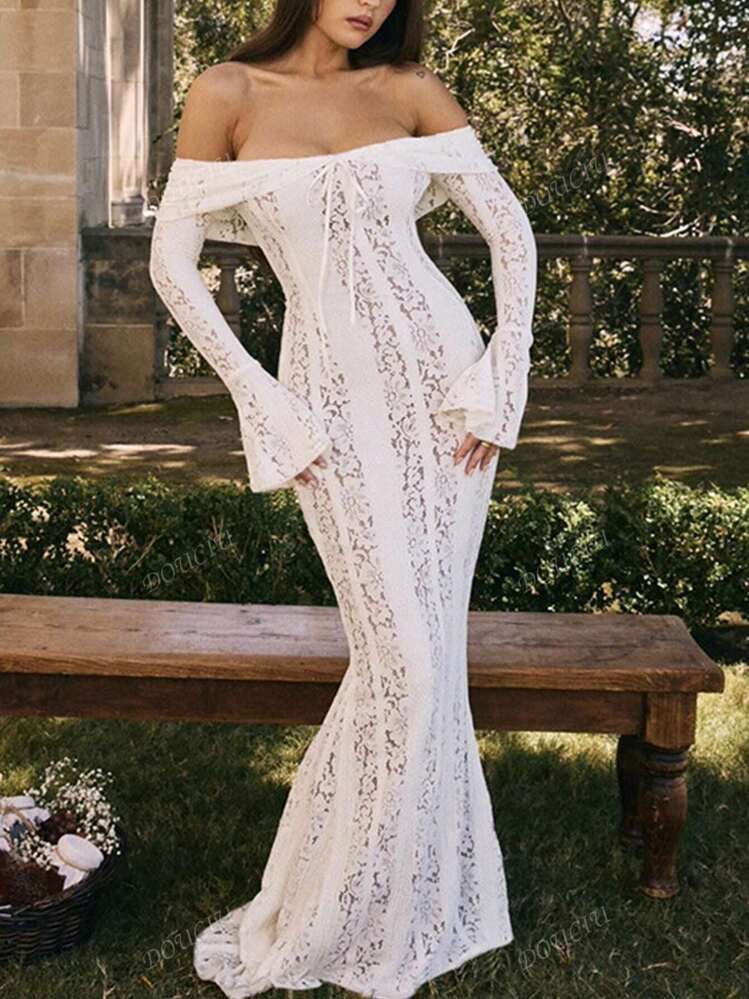 Sexy Slit Lace Hollow-Out Tie-Up Off-Shoulder Long Sleeve Fitted Fishtail Dress | SHEIN