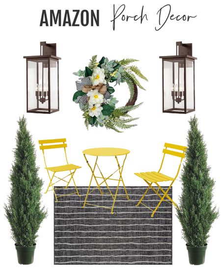 Front porch makeover form Amazon Home. Copper lanterns, outdoor rug, faux potted trees, bistro set, front door wreath 

#LTKSeasonal #LTKhome #LTKsalealert