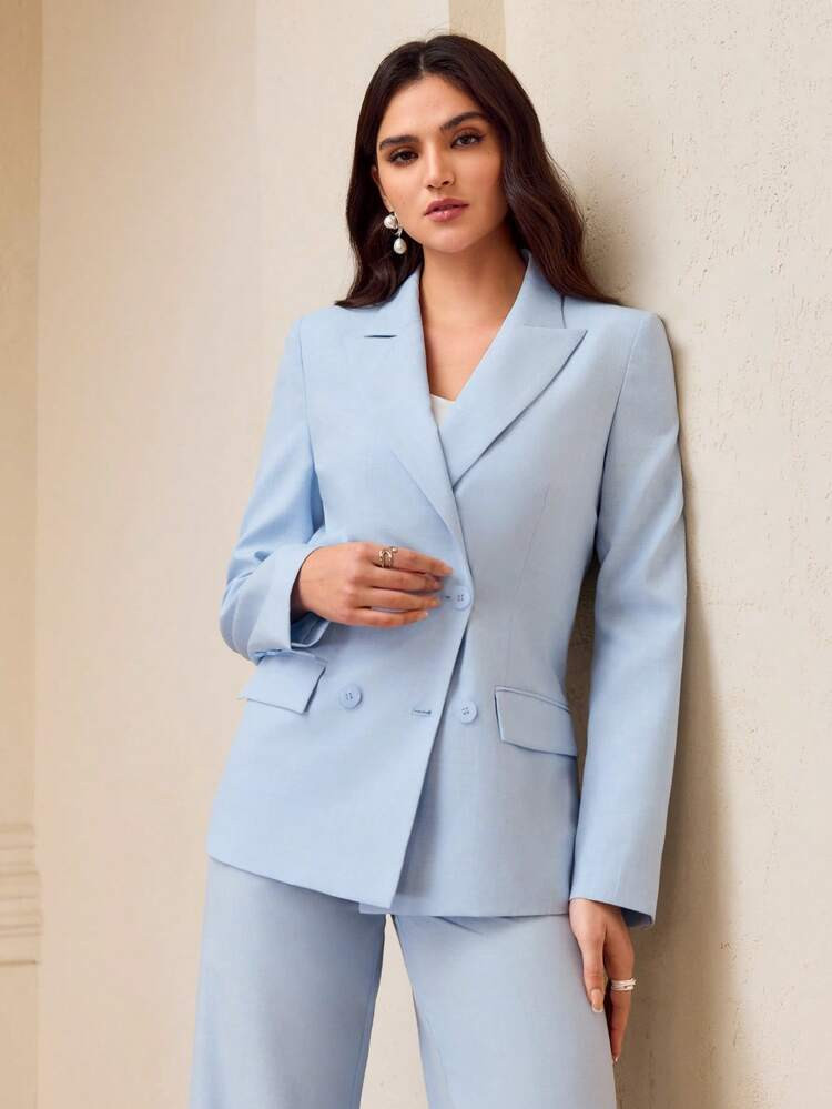 ZEYLAH Women's Solid Color Notched Collar Double-Breasted Casual Versatile Commuting Long Sleeve Blazer | SHEIN