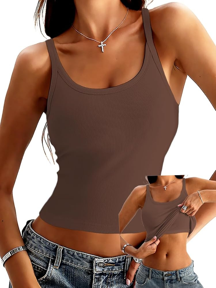 Danysu Women's Tank Tops with Bulit in Bras Scoop Neck Ribbed Fitted Knit Crop Halter Tops Spaghe... | Amazon (US)