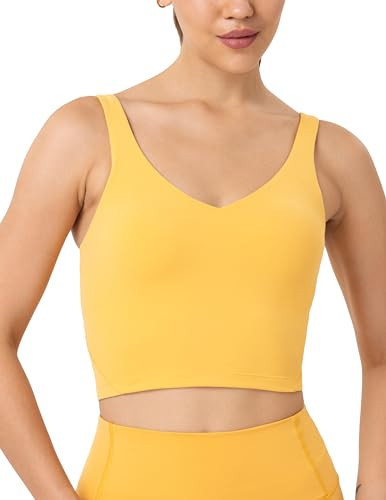 YUNOGA Longline Sports Bras for Women Cropped Tank Top with Built-in Bra Athletic Workout Yoga Bra Tops (S, Amber Yellow) | Amazon (US)