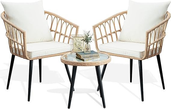 PORWEY 3 Piece Patio Bistro Set, Outdoor Wicker Apartment Balcony Furniture Sets, Rattan Table an... | Amazon (US)