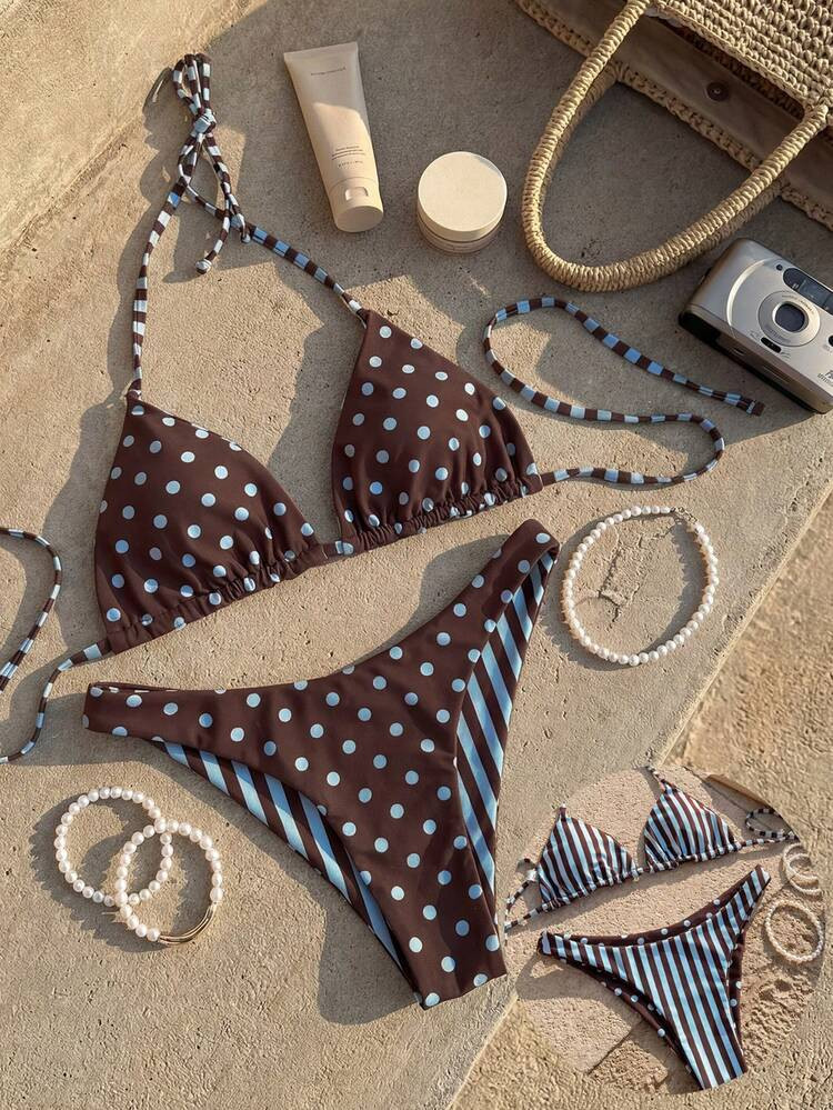 Swim Mod 2pcs/Set Women's Fashionable & Cute Beach Outfit, Sexy Party/Yacht Polka Dot & Striped P... | SHEIN