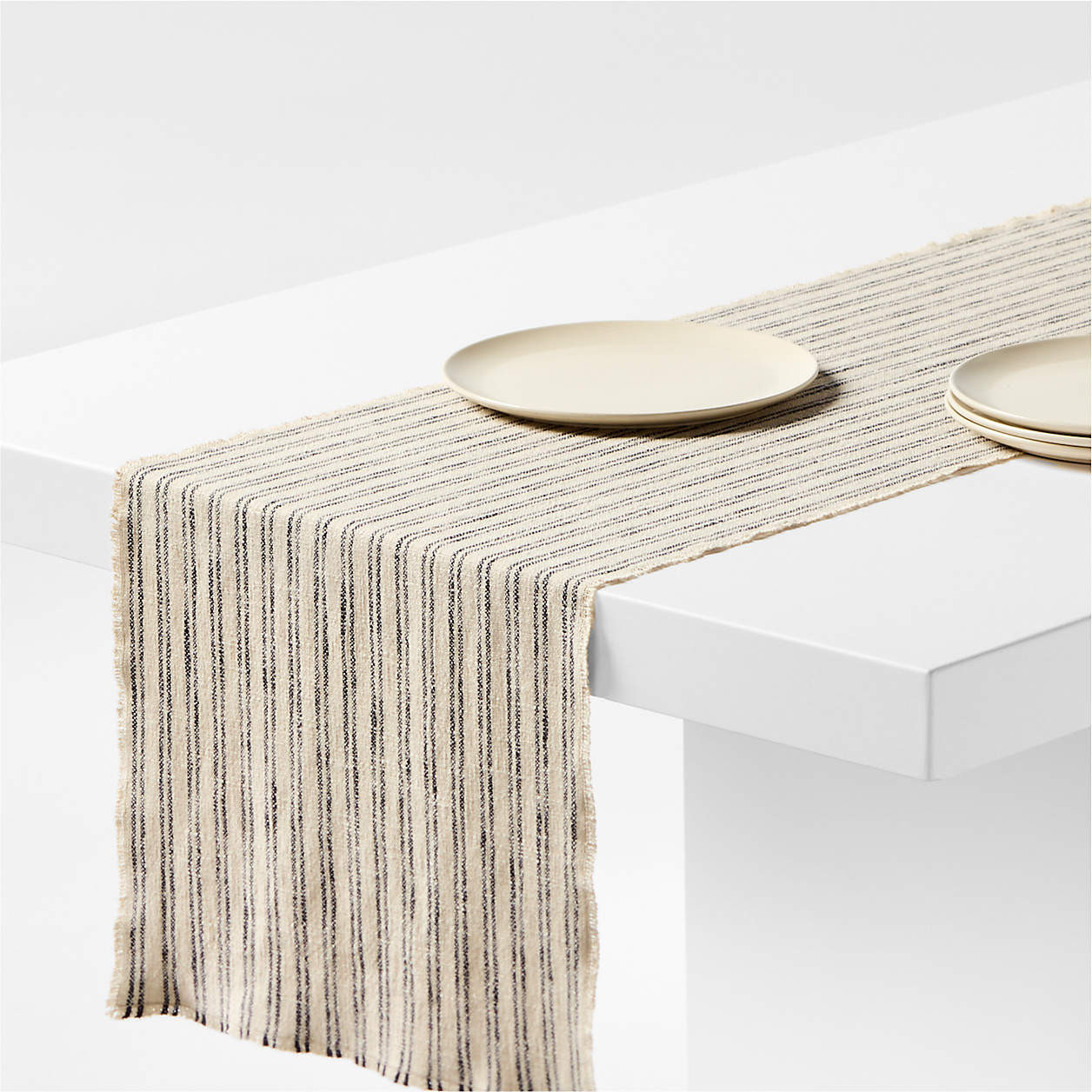 Hudson 120" Midnight Navy and Natural Stripe Table Runner + Reviews | Crate & Barrel | Crate & Barrel