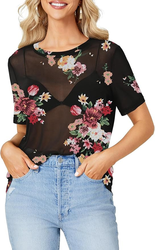 Rooscier Women's Sheer Mesh Short Sleeve Round Neck See Through Sexy Blouse Shirt Top | Amazon (US)