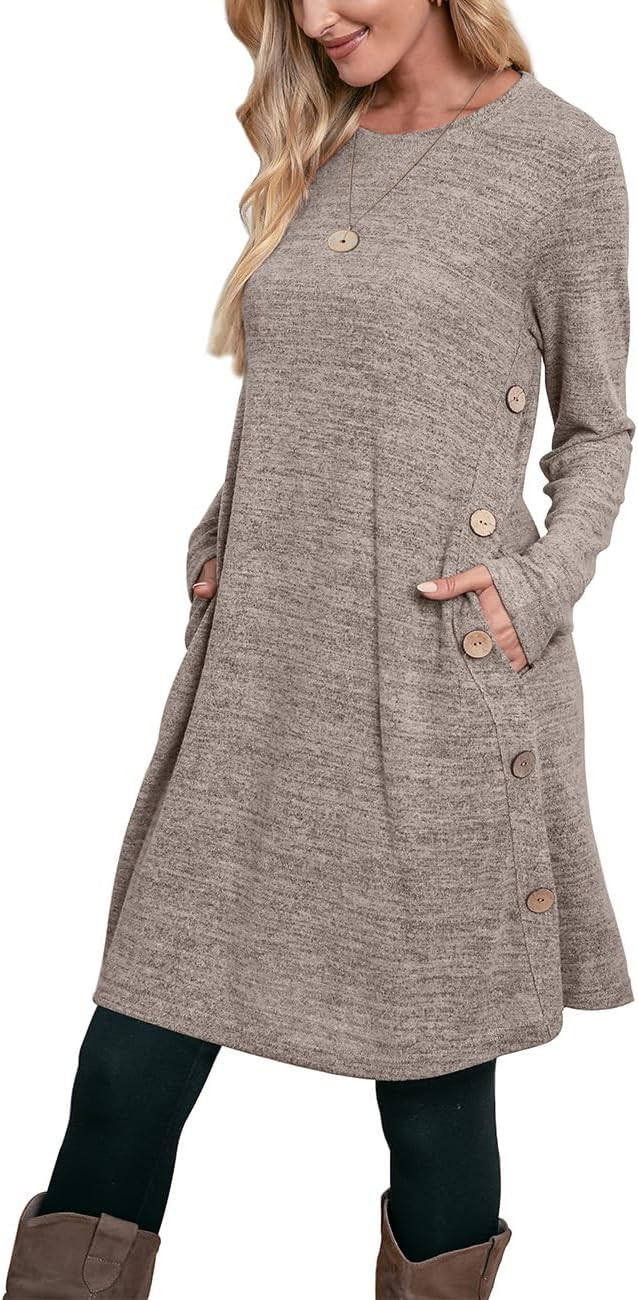 OFEEFAN Long Sleeve Dress for Women Crew Neck Tunic Dress with Pockets Buttons Side | Amazon (US)