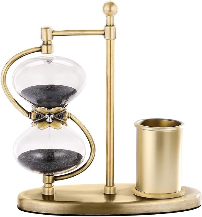 SuLiao Large Hourglass 60 Minutes Sand Timer with Brass Pen Holder, Vintage Black Sand Clock, Rot... | Amazon (US)