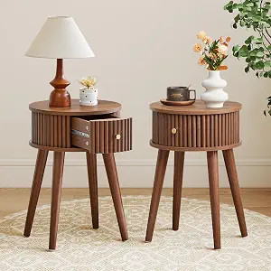 Round Fluted Side Table Set of 2, Small End Table with Fluted Drawer, Mid-Century Modern Wooden B... | Amazon (US)