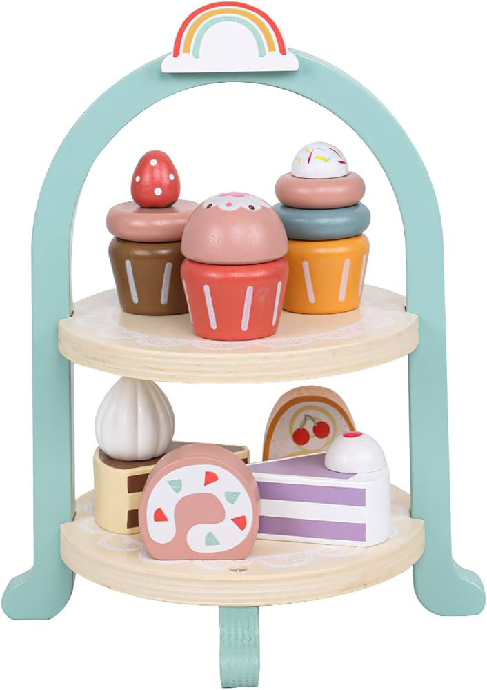 Wooden Dessert Cake Play Food Set Toys, Pretend Play Kids Tea Party Set for Little Girls Toddlers... | Amazon (US)