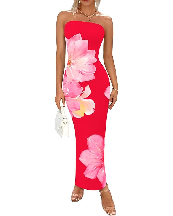 PRETTYGARDEN Women Summer Strapless Maxi Dress Bodycon Floral Sexy Long Wedding Guest Dress Forma... | Amazon (US)