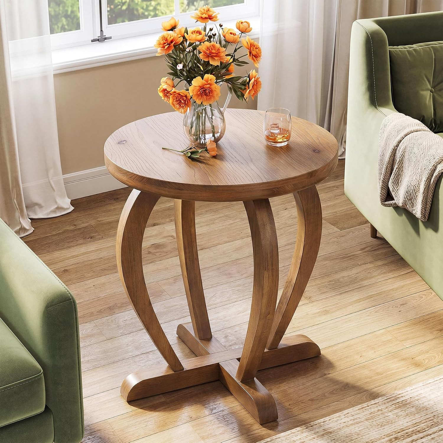 Rustic Wood Round End Table, Vintage Small Accent Sofa Side Table with Curved Base for Living Room Bedroom, 21.65" D x 23.62" H | Amazon (US)