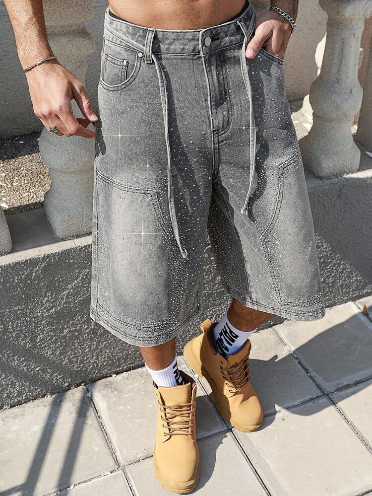 ROMWE MEN Street Life Men's Sparkling Rhinestone Embellished Denim Wide Leg 3/4 Pants | SHEIN