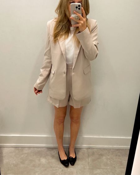 Dressy structured day outfit idea… it’s a tailored blazer and shorts set that I styled with a plain white tee and pointed toe ballet flats. 

#LTKworkwear #LTKSeasonal #LTKSpringSale