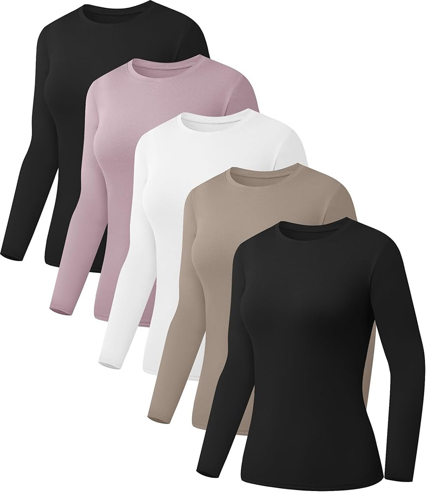 5 Pack Womens Basic Long Sleeve Shirts Crew Neck Slim-Fit Fitted T Shirts Tops Undershirts Unders... | Amazon (US)