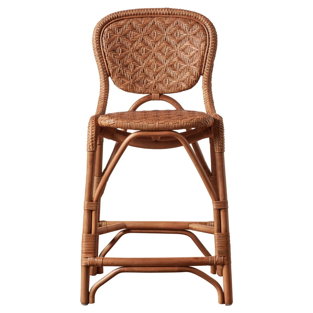 Portia Coastal Beach Brown Rattan Woven Counter Stool | Kathy Kuo Home