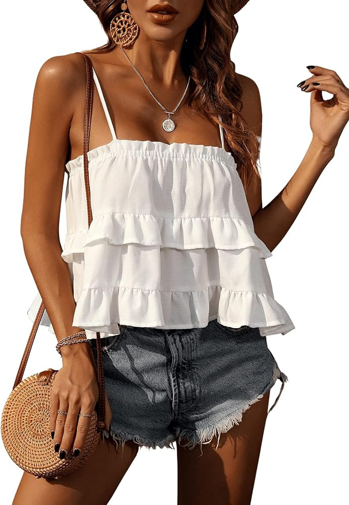 SOLY HUX Women's Frill Trim Layered Ruffle Hem Spaghetti Strap Cami Crop Top Camisole | Amazon (US)