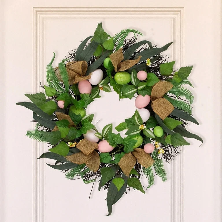 Northlight Easter Egg and Burlap Ribbon Mixed Foliage Twig Wreath - 22" | Walmart (US)
