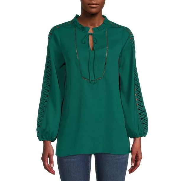 The Pioneer Woman Ruffle Collar Blouse with Lace Trim, Women's - Walmart.com | Walmart (US)