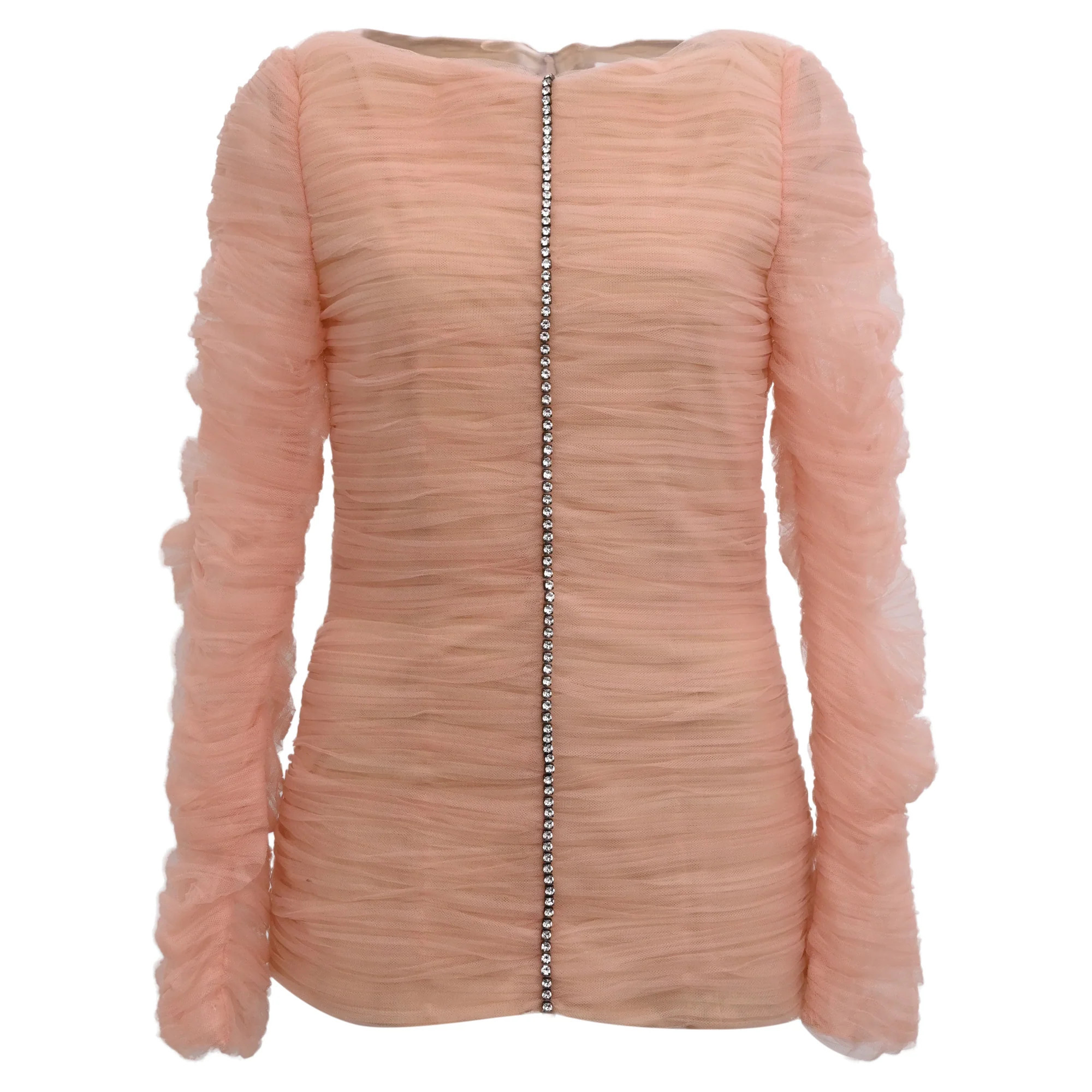 Khaite Vienna Crystal-Embellished Pleated-Tulle Top in Pink Polyamide | Shop Simon
