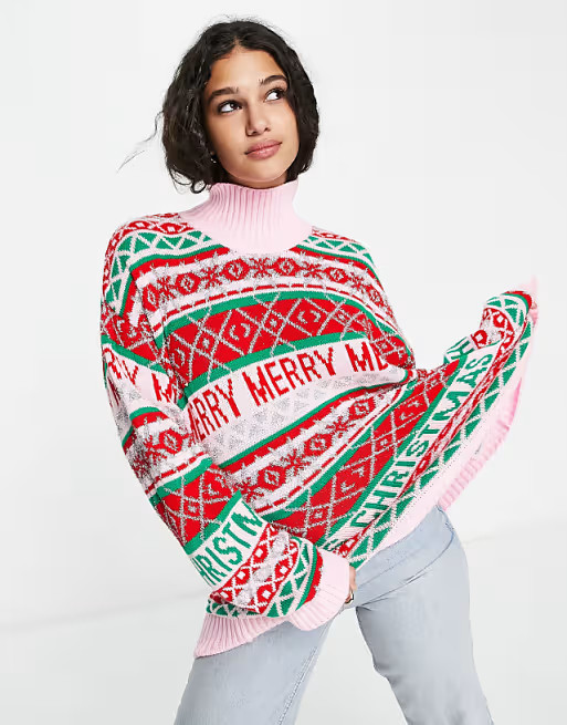 ASOS DESIGN Christmas sweater with all over fairisle pattern in high neck | ASOS (Global)