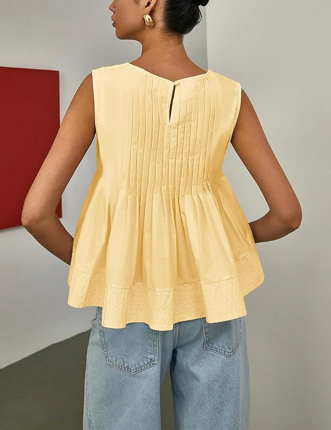 Megfie Womens Summer Pleated Peplum Sleeveless Blouse Tank Tops Round Neck Y2K Babydoll Blouse Sh... | Amazon (US)