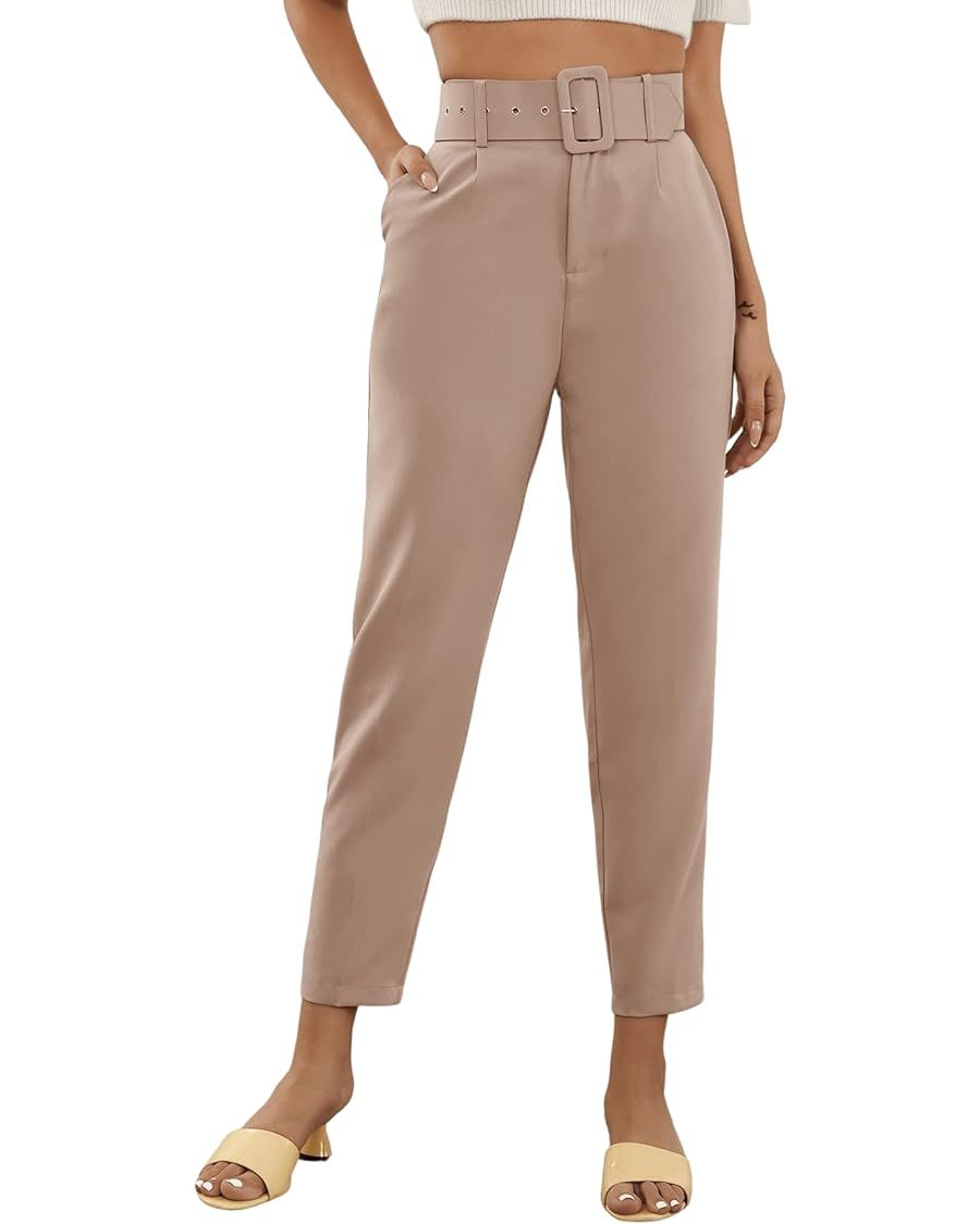 SweatyRocks Women's High Waist Suit Pants Belted Crop Pencil Pants with Pockets | Amazon (US)