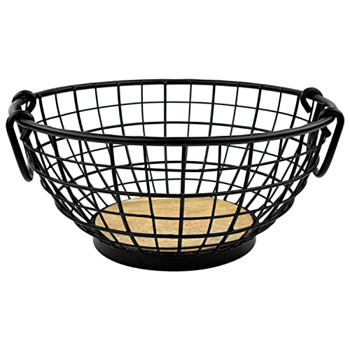 Spectrum Small Fruit Basket for Kitchen Counter, Madison Rustic Fruit Bowl with Wood Base and Black Wire, Portable Countertop Organizer with Handles for Fresh Produce Display | Amazon (US)